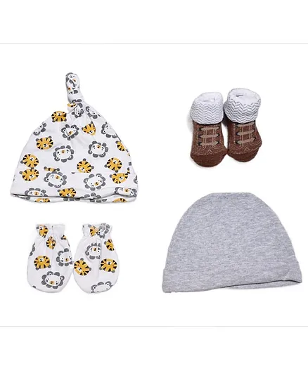 Kidofash Solid & Seamless Tiger Printed Caps With Coordinating Mittens & Striped Designed Socks - Multi Colour