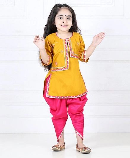 Kinder Kids Three Fourth Sleeves Embroidered Lace Detailed Kurta & Dhoti - Yellow & Pink