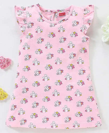 Babyhug Cotton Short Sleeves Nighty Bunny Print - Pink