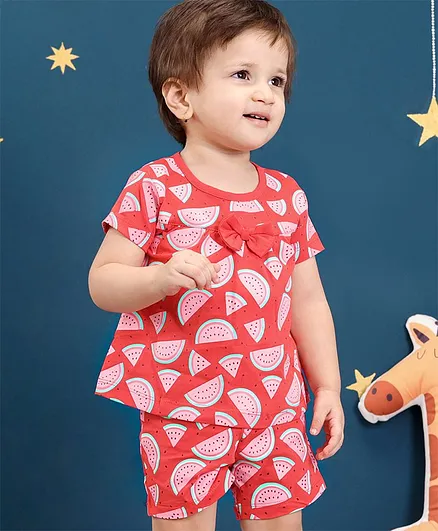 Babyhug Cotton Knit Half Sleeves Night Suit with Bow Applique Fruity Print - Red
