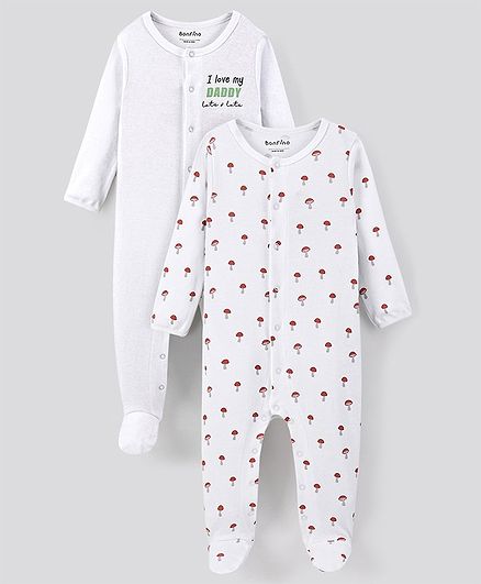 Bonfino 100% Cotton Full Sleeves Sleep Suits Fruits Print Pack of 2 - White & Offwhite