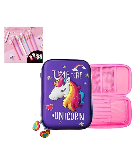 Vinmot Cute 3D Premium Stylish Multipurpose Large Unicorn Pouch cum Pencil Stationary Case with Organizer Compartment with 5 Unicorn LED light Pens - Pink