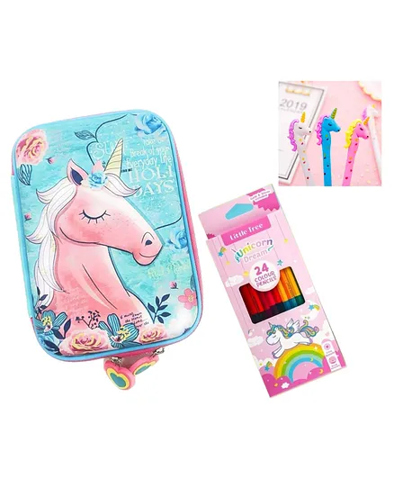 Vinmot Large Unicorn Stationery Pouch Case with Compartment with 5 Unicorn Pens and Unicorn Double Sided Pencil Colours -  Multicolour