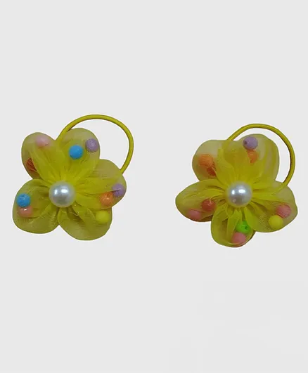 BABY Charm Set Of 2 Pearl Detailed Flower Applique Embellished Hair Rubber Bands - Yellow