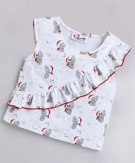 M'andy Christmas Theme Cap Sleeves Seamless Teddy With Santa Cap & Snowflakes Printed & Frill Detailed Top - White