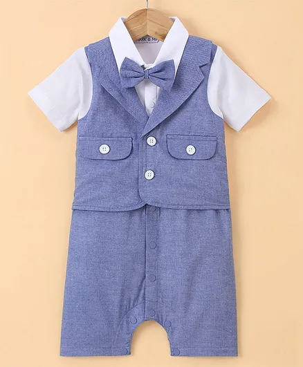 Mark & Mia Half Sleeves Solid Color Party Wear Romper with Bow Detailing & Attached Waistcoat - White & Blue
