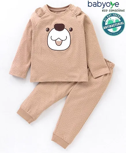 Babyoye 100% Cotton Knit Full Sleeves Night Suit with Anti Bacterial Finish Bear Embroidery - Brown