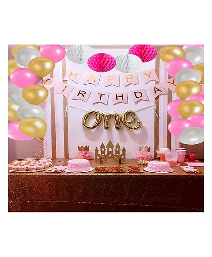AMFIN Happy Birthday Pink Banner Combo with One Foil Balloon Metallic Balloons & Paper Honeycomb Ball for 1st Birthday Girls Party Decoration 1st Birthday Decoration Set for Girls -  Pack of 58