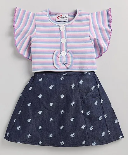 M'andy Short Flutter Sleeves Candy Striped Ribbed Top With All Over Unicorn Printed Skirt - Purple
