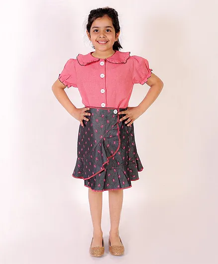 M'andy Short Puffed Sleeve Solid Top With Abstract Motif Printed Tiered Frilled Skirt - Pink