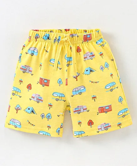 Babyhug Cotton Knit Knee Length Shorts Van Print - Yellow