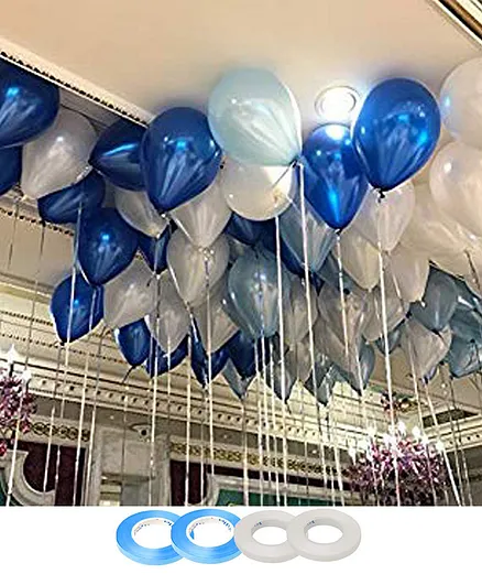 AMFIN 10 Inch Dark Blue Light Blue & White Metallic Balloons with Matching Ribbon - Pack of 100