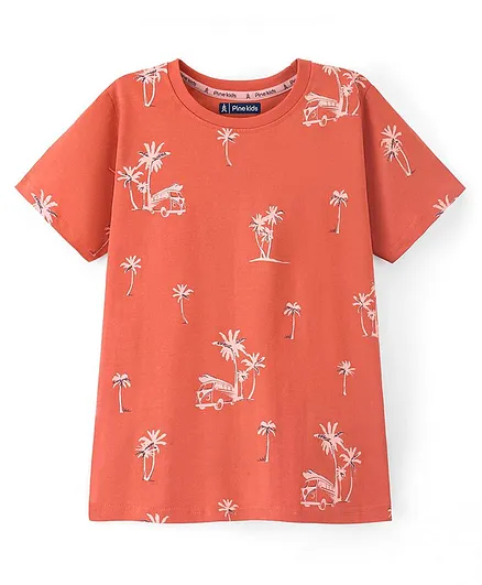 Pine Kids 100% Cotton Knit Half Sleeves Bio-Washed T-Shirt Trees Print - Orange