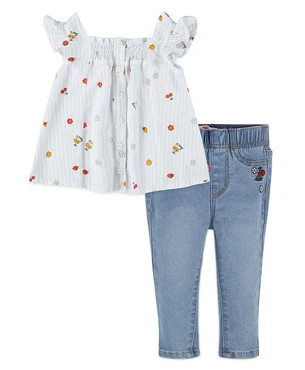 Levi's® Cap Sleeves Flower & Fruit Printed & Striped Top With Cherry Embroidered Pant - White & Blue