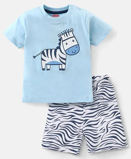 Babyhug Cotton Half Sleeves Night Suit Zebra Print- Blue
