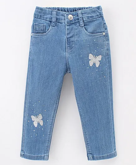 Babyhug Cotton Stretchable Washed Full Length Butterfly Print Jeans - Blue