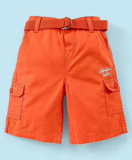 Babyhug Cotton Knit Knee Length Jamaican With Belt Solid Color - Orange