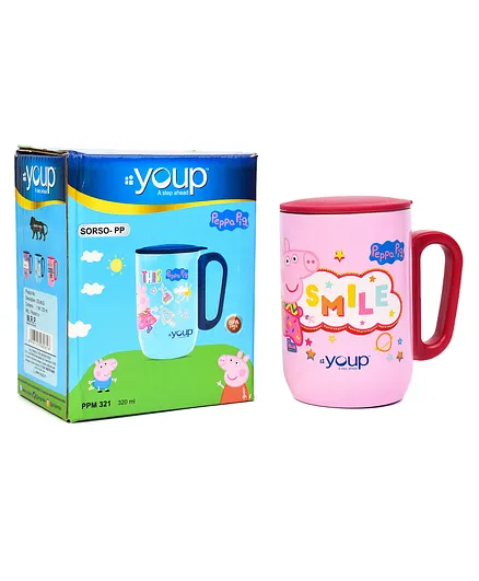Youp Stainless Steel Pink Color Peppa Pig Smile Insulated Mug with Cap - 320 ml