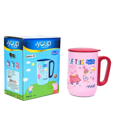 Youp Stainless Steel Pink Color Peppa Pig World Insulated Mug with Cap - 320 ml