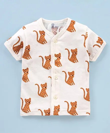 Pink Rabbit Cotton Half Sleeves Leopard Print Vest - Cream