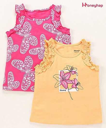 Honeyhap Premium 100% Cotton Sleeveless T-Shirt with Bio Finish Floral Print Pack of 2 - Buff Orange & Sangria Sunset