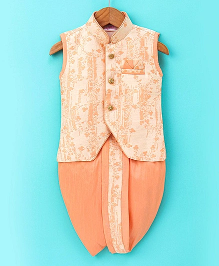 Ridokidz Sleeveless All Over Vintage Floral Leaf Swirl Embroidered Kurta With Coordinating Lace Embellished Dhoti - Peach