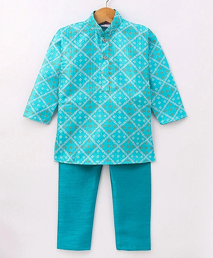 Ridokidz Full Sleeves Bandhej Block Designed & Striped Thread Work Detailed Kurta With Pyjama - Sky Blue