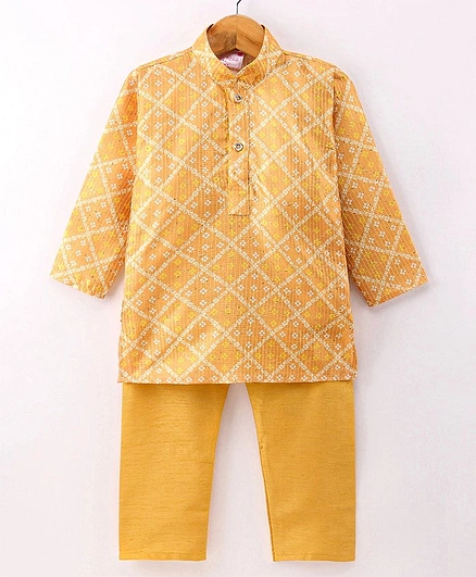 Ridokidz Full Sleeves Bandhej Block Designed & Striped Thread Work Detailed Kurta With Pyjama - Mustard Yellow
