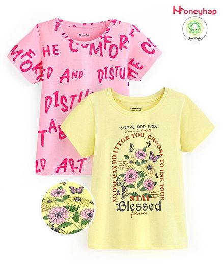 Honeyhap Premium 100% Cotton Half Sleeves Bio Washed Text Print T-Shirt Pack of 2 - Candy Pink & Transparent Yellow