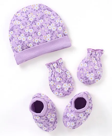Babyhug 100% Cotton Floral Print Cap Mittens & Booties Set - Purple
