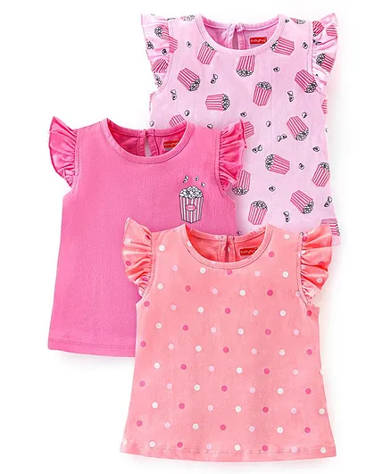 Babyhug 100% Cotton Frill Sleeves Tee With Popcorn & Dot Graphics Pack Of 3- Pink & Peach