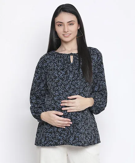 Oxolloxo Full Sleeves Seamless Heart Printed Maternity Top - Black