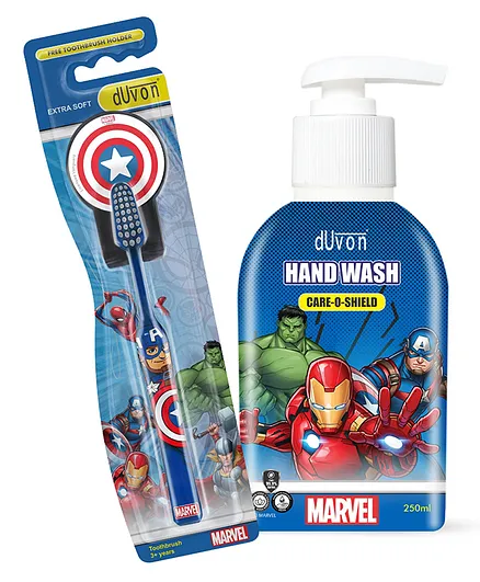 DUVON Marvel Captain America Toothbrush and 1 Marvel Care O Shield Handwash 250 ml - Blue