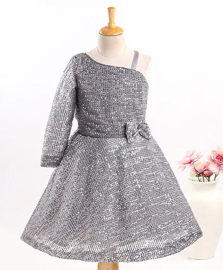 Enfance One Shoulder Full Sleeves Sequin Embellished Dress  - Grey