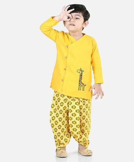 Bownbee 100% Cotton Full Sleeves Indo Western Giraffe Printed Kurta Dhoti Set - Yellow
