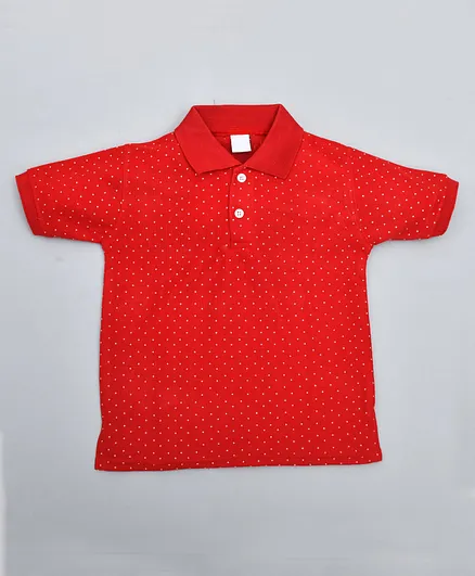 Kiwi 100% Cotton Half Sleeves Polka Dots Printed Polo Tee - Red