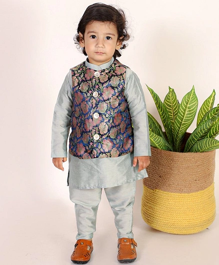 SnuggleMe Full Sleeves  Floral Motif Foil Printed Ethnic Brocade Kurta With Jacket & Pajama  Set  - Blue