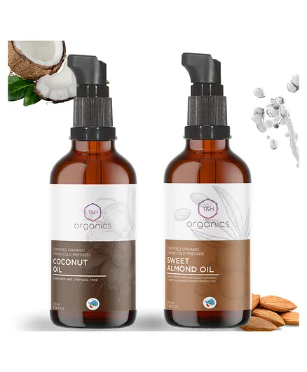T&H Organics 100% Organic Cold Pressed Sweet Almond Oil and Cold Pressed Virgin Coconut Oil Combo - 100 ml Each