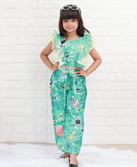 Kirti Agarwal - Pret N Couture Floral Printed Green Frilly Top And Pant for Girl