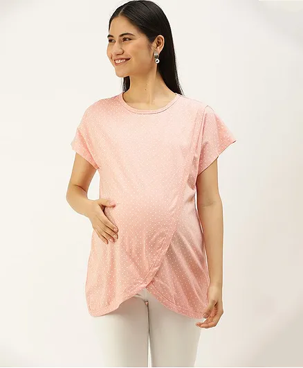 Nejo Pure Cotton Half Sleeves Polka Dots Printed Over Lap Styled Nursing Top - Peach