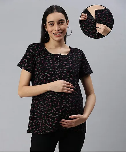 Nejo Pure Cotton Half Sleeves All Over Sleep Text Printed Maternity Top With Concealed Zipper Access - Black