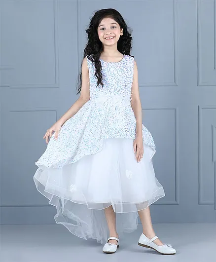 WhiteHenz Clothing Sleeveless All Over Sequin Embellished Flower Applique Detailed & Layered High Low Dress - White