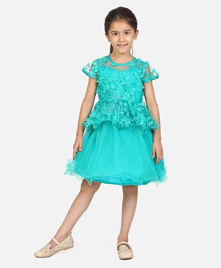 WhiteHenz Clothing Short Sleeves Leaf Swirl Embroidered & Pearl Detailed Flower Applique Embellished Peplum Style Bodice Layered Fit & Flare Dress - Green