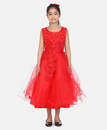 WhiteHenz Clothing Sleeveless Pearl Detailed Flower Applique Embellished & Embroidered Bodice Fit & Flare Gown - Red