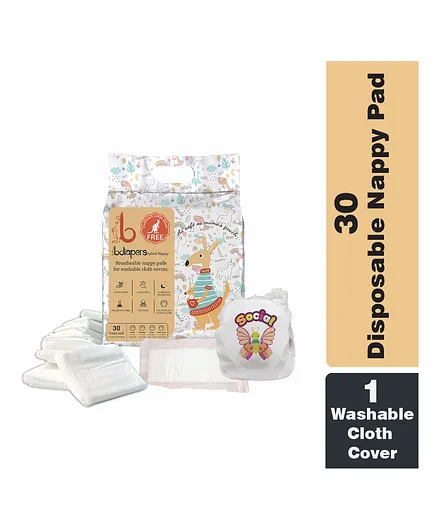 Bdiapers Disposable Bamboo Nappy Pads Medium Included Washable & Reusable Baby Cloth Diaper Social Butterfly - 30 Pieces