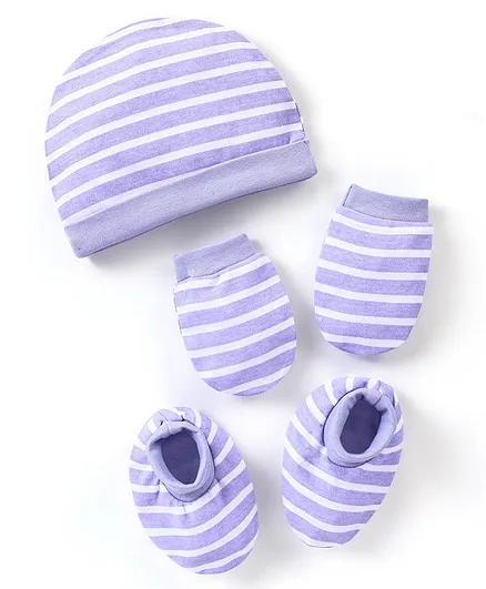 Babyhug 100% Cotton Striped Cap Mittens And Booties  - Purple