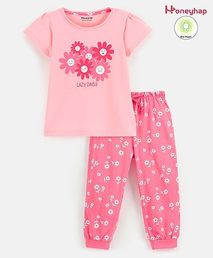 Honeyhap Premium 100% Cotton Half Sleeves Night Suit with Bio Finish Floral Print - First Blush & Dianthus