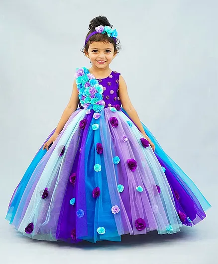 Li&Li BOUTIQUE Sleeveless Roses Applique Bodice With Rainbow Ruffle Hem and Layered Party Gown - Purple  Aqua Green & Aqua Blue