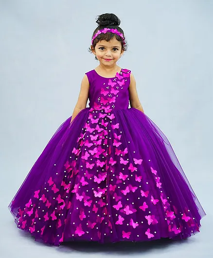 Li&Li BOUTIQUE Sleeveless Spreaded 3D Butterfly Applique & Pearl Embellished Fit & Flare Gown - Purple