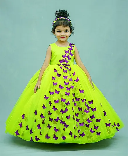Li&Li BOUTIQUE Sleeveless Spreaded 3D Butterfly Applique & Pearl Embellished Fit & Flare Gown - Lime Green